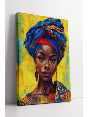 Mushen Studio Sarı Fonlu Mavi Desenli Başörtülü Afrika Kadın Portresi Renkli Modern Kanvas Tablo Duvar Dekoru Salo