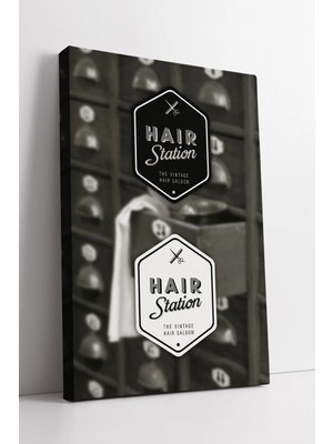 Mushen Studio Vintage Berber Salon Tasarım  Hair Station Retro Minimal Çizimli Duvar Dekoru Kanvas Tablo Duvar Dek