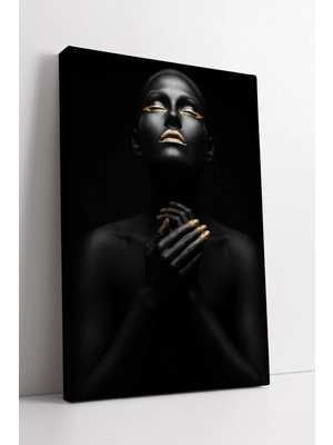 Mushen Studio Altın Detaylı Siyah Kadın Portre Sanatı Modern Minimal Figüratif Estetik Lüks Tasarım Kanvas Tablo D