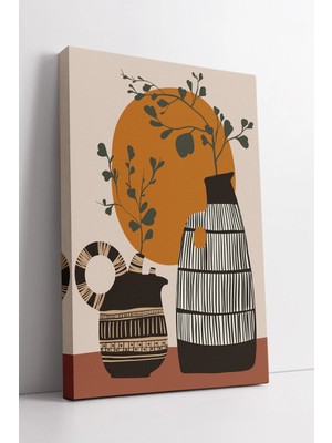 Mushen Studio Kahverengi Vazo Desenli Turuncu Güneşli Minimalist Boho Tarz Modern Dekoratif Kanvas Tablo Duvar Dek