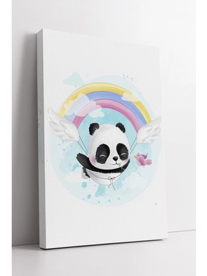 Mushen Studio Uçan Panda Çocuk Odası  Gökyüzü Temalı Renkli Gökkuşağı Dekoratif Duvar Sanatı Kanvas Tablo Duvar De