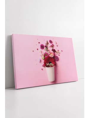 Mushen Studio Pembe Arka Plan Çiçek Kompozisyonu Minimal Saksı Içinde Renkli Çiçekler Dekoratif Kanvas Tablo Duvar