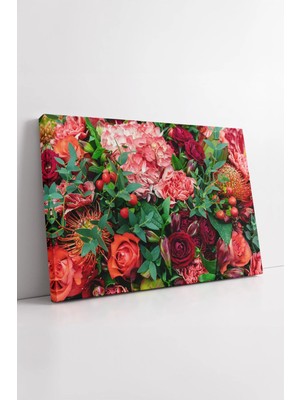 Mushen Studio Kırmızı Turuncu Tonlarda Yoğun Çiçek Desenli Modern Canlı Renkli Dekoratif Kanvas Tablo Duvar Dekoru