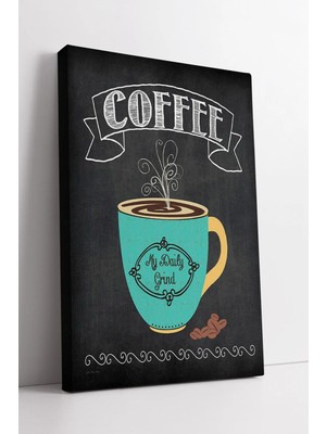 Mushen Studio Siyah Tahta Efektli Zeminde Turkuaz Kahve Fincanı ve Coffee Yazılı Dekoratif Mutfak Kanvas Tablo Duv