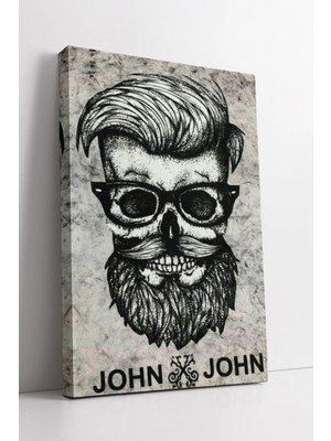 Mushen Studio John John Skull Beard Stilize Çizim Erkek Berber Dekoru Modern Siyah Beyaz Kanvas Tablo Duvar Dekoru
