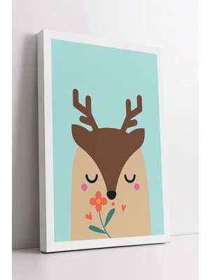Mushen Studio Çiçek Tutan Sevimli Geyik Çizimi Çocuk Odası Için Modern Minimal Dekoratif Kanvas Tablo Duvar Dekoru