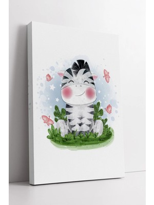 Mushen Studio Gülümseyen Zebra Çizimi  Bebek ve Çocuk Odası Için Sevimli Duvar Dekor Ürünü Kanvas Tablo Duvar Deko