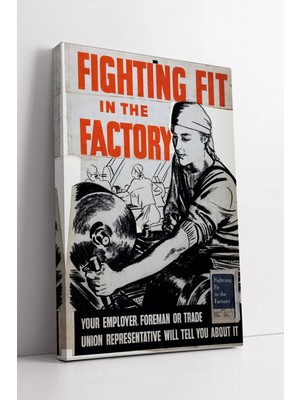 Mushen Studio Fighting Fit Factory  Endüstriyel Çizim Retro Işçi Afişi Vintage Dekor Kanvas Tablo Duvar Dekoru Sal