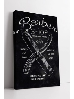 Mushen Studio Retro Barber Shop Tasarımlı Makas ve Tarak Çizimli Erkek Kuaförü Dekoratif Kanvas Tablo Duvar Dekoru