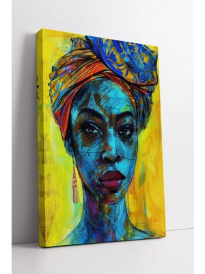 Mushen Studio Mavi ve Sarı Renkli Soyut Afrika Kadın Portresi Canlı Modern Fırça Dokulu Kanvas Tablo Duvar Dekoru