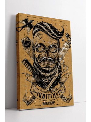 Mushen Studio Gotik Barber Skull Çizim  Karanlık Stil Berber Sanatı Vintage Detaylı Dekor Kanvas Tablo Duvar Dekor