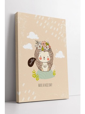 Mushen Studio Çiçekli Kirpi Have A Nice Day Yazılı Bebek Çocuk Odası  Modern Duvar Dekoru Kanvas Tablo Duvar Dekor