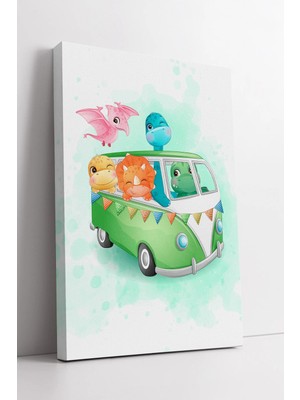 Mushen Studio Yeşil Karavan Içinde Sevimli Dinozorlar Çocuk Odası Dekoratif Modern Kanvas Duvar Tablo Modeli Kanva