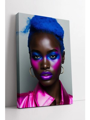 Mushen Studio Mavi Saçlı Afrikalı Kadın Portresi Neon Renkli Modern Pop Art Tarzı Kanvas Tablo Duvar Dekoru Salon