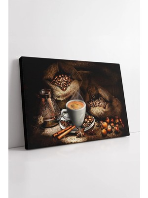 Mushen Studio Kahve Çekirdekli Cezveli Fincan Kompozisyonu Rustik Mutfak Kafe Temalı Dekoratif Kanvas Tablo Duvar