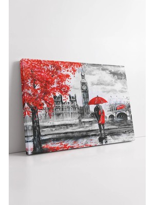Mushen Studio Londra Big Ben Kırmızı Aşk Temalı Romantik Şehir Manzarası Yağmurlu Sokak Dekor Kanvas Tablo Duvar D