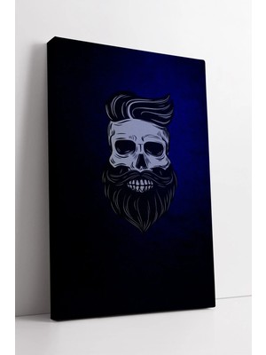 Mushen Studio Mavi Arka Planlı Sakallı Skull Berber Temalı Modern Erkek Kuaför Dekor Kanvas Tablo Duvar Dekoru Sal