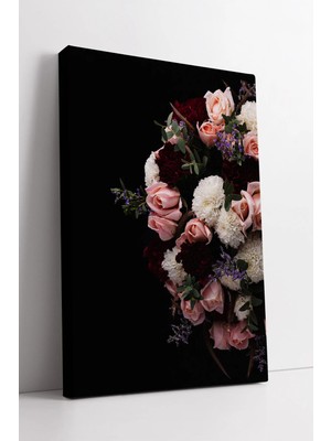 Mushen Studio Siyah Arka Planda Romantik Buket Detaylı Elegan Çiçek Sanatı Modern Dekoratif Kanvas Tablo Duvar Dek