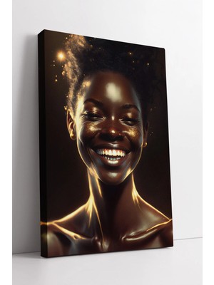 Mushen Studio Gülümseyen Afrikalı Kadın Portresi Işıltılı Modern Sanat Tarzı Dekoratif Kanvas Tablo Duvar Dekoru S