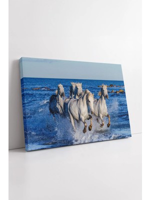 Mushen Studio Denizde Koşan Beyaz Atlar  Özgürlük Enerjili Doğal Sahne Modern Estetik Dekoratif Sanat Kanvas Tablo