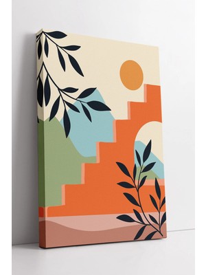 Mushen Studio Turuncu Merdiven ve Güneşli Manzara Soyut Bitkisel Desenli Modern Boho Tarz Dekoratif Kanvas Tablo D