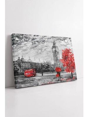 Mushen Studio Londra Big Ben Kırmızı Detaylı Şehir Manzarası Romantik Yağmur Temalı Sanatsal Kanvas Tablo Duvar De