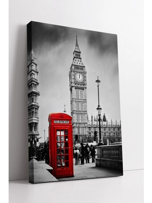 Mushen Studio Londra Kırmızı Telefon Kulübesi ve Big Ben Şehir Silueti Temalı Estetik Kanvas Duvar Sanatı Kanvas T