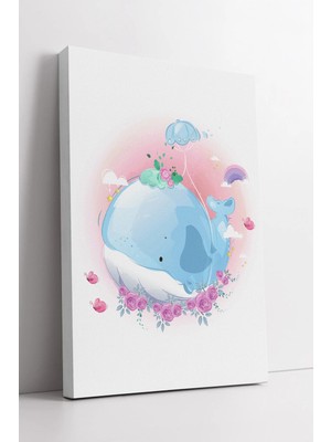 Mushen Studio Mavi Balina Çocuk Odası  Pembe Çiçekli Pastel Sevimli Hayvan Temalı Duvar Sanatı Kanvas Tablo Duvar