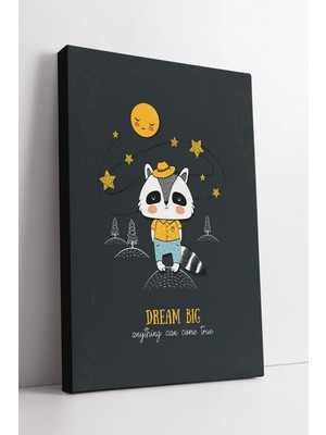 Mushen Studio Çocuk Odası Dream Big Temalı Sevimli Rakun Çizimli Gece Gökyüzü Konseptli Kanvas Tablo Duvar Dekoru