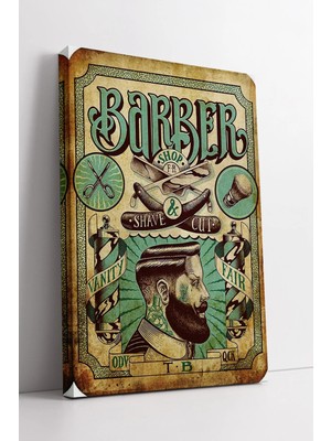 Mushen Studio Eski Stil Barber Shop Portre ve Tıraş Sembollü Vintage Retro Çizimli Dekoratif Kanvas Tablo Duvar De