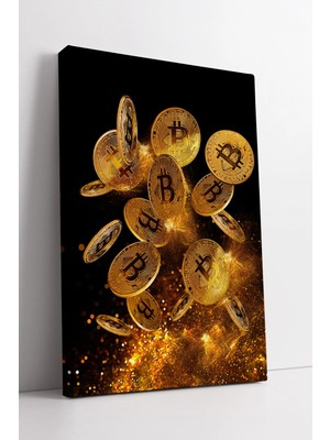 Mushen Studio Altın Bitcoin Paraları ve Işıltılı Efektlerle Oluşturulmuş Modern Dijital Sanat Kanvas Duvar Dekoru