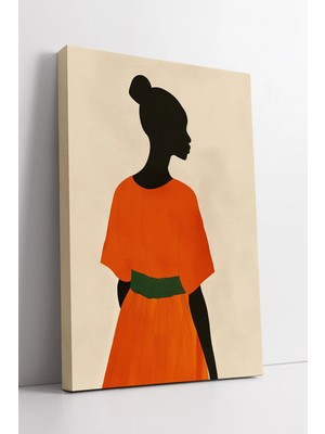 Mushen Studio Turuncu Elbiseli Afrikalı Kadın Silüeti Minimalist Stil Bej Arka Planlı Modern Kanvas Tablo Duvar De