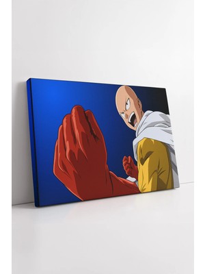 Mushen Studio One Punch Man Saitama Güçlü Yumruk Pozu Mavi Arka Planlı Dinamik Anime Tarzı Kanvas Tablo Duvar Deko