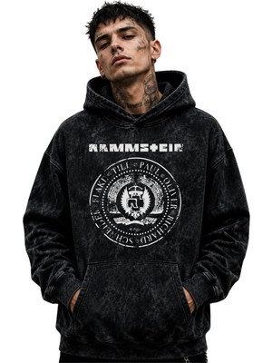 Sevbano Rammstein Rock Metal Müzik Grubu Baskılı Unisex Oversize Yıkamalı Premium Hoodie Sweatshirt