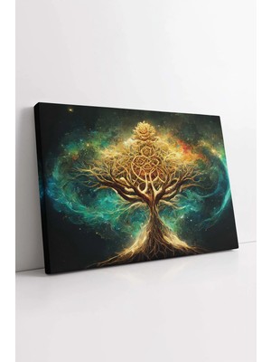 Mushen Studio Altın Renkli Hayat Ağacı Soyut Pozitif Enerji Motivasyon Dekoratif Yatay , Premium Dekor Kanvas Tabl