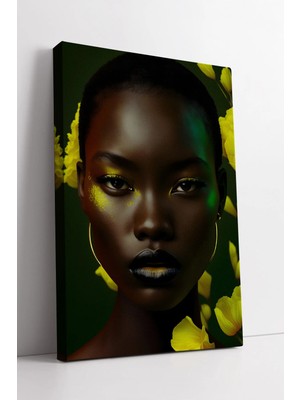 Mushen Studio Yeşil Çiçekli Afrikalı Kadın Portresi Modern Sanat Eseri Dekoratif Doğal Kanvas Tablo Duvar Dekoru S