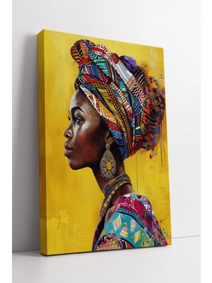 Mushen Studio Sarı Arka Planlı Etnik Desenli Başörtülü Afrika Kadın Portresi Modern Kanvas Tablo Duvar Dekoru Salo