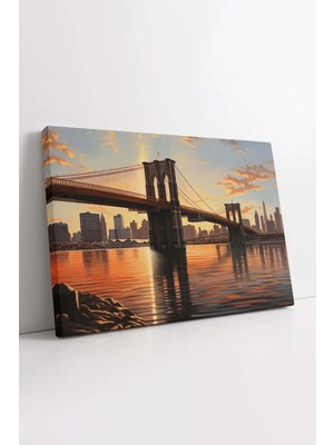 Mushen Studio Yağlı Boya Görünümlü Soyut Gün Batımı New York Brooklyn Köprü ve Şehir Manzarası Yatay Kanvas Tablo