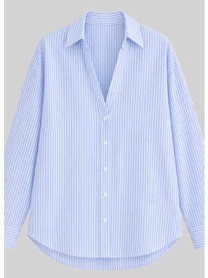 Brandhills Mavi - Beyaz Renk Çizgili Oversize Modal Gömlek