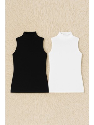 QKK Kadın Modal Pamuklu Likralı Kolsuz Yarım Balıkçı Yaka 2'li Atlet T-Shirt Q6K6K1T4KA