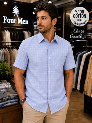 Eren Style Linen Keten Klasik %100 Cotton  Kısa Kollu Ekose Pamuklu Tek Cepli Terletmeyen Gömlek