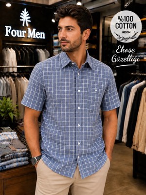 Eren Style Linen Keten Klasik %100 Cotton  Kısa Kollu Ekose Pamuklu Tek Cepli Terletmeyen Gömlek