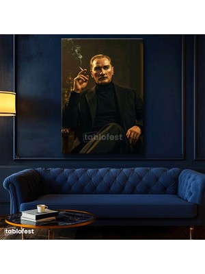 Tablofest Dikey Kanvas Tablo Atatürk Boğazlı Kazak Ceket Sigara Atatürk Tablosu Ev Ofis Duvar Dekoru