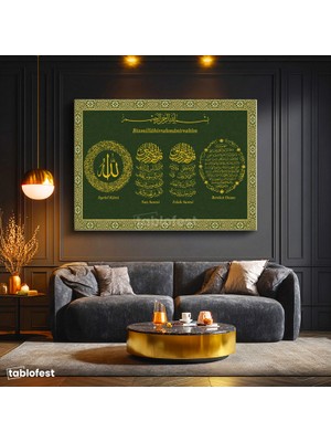 Tablofest Yatay Kanvas Tablo Otantik Desenli Ayetel Kürsi Felak Nas Suresi Bereket Duası Dini Islami Tablo