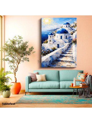 Tablofest Dikey Kanvas Tablo Santorini Adası ve Merdivenli Evler Şehir ve Mimari Tablo Ev Ofis Duvar Dekoru