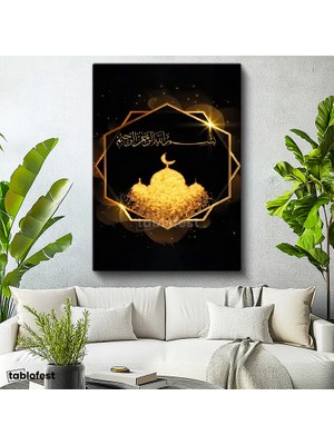 Tablofest Dikey Kanvas Tablo Cami Silüeti ve Besmele Altın Efektli Dini Islami Tablo Ev Ofis Duvar Dekoru