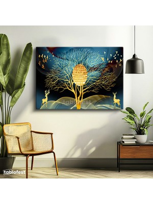 Tablofest Yatay Kanvas Tablo Altın Ağaç ve Geyik Silüeti Modern Sanat Tablosu Ev Ofis Duvar Dekoru