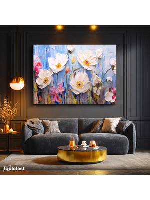 Tablofest Yatay Kanvas Tablo Boya Dokulu Modern Çiçekler Çiçek Tablosu Ev Ofis Duvar Dekoru
