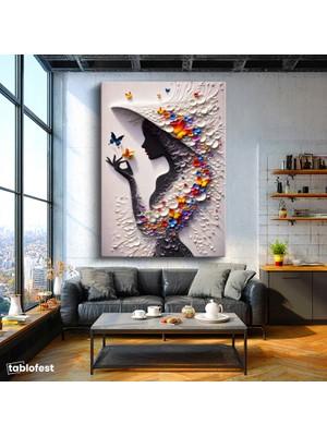 Tablofest Dikey Kanvas Tablo Kelebek Şapkalı Kadın Modern Sanat Tablosu Ev Ofis Duvar Dekoru