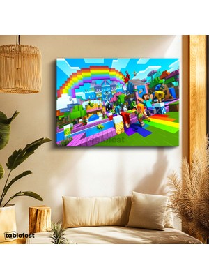 Tablofest Yatay Kanvas Tablo Gökkuşağı Festivali Minecraft Tablosu Ev Ofis Salon Duvar Dekoru